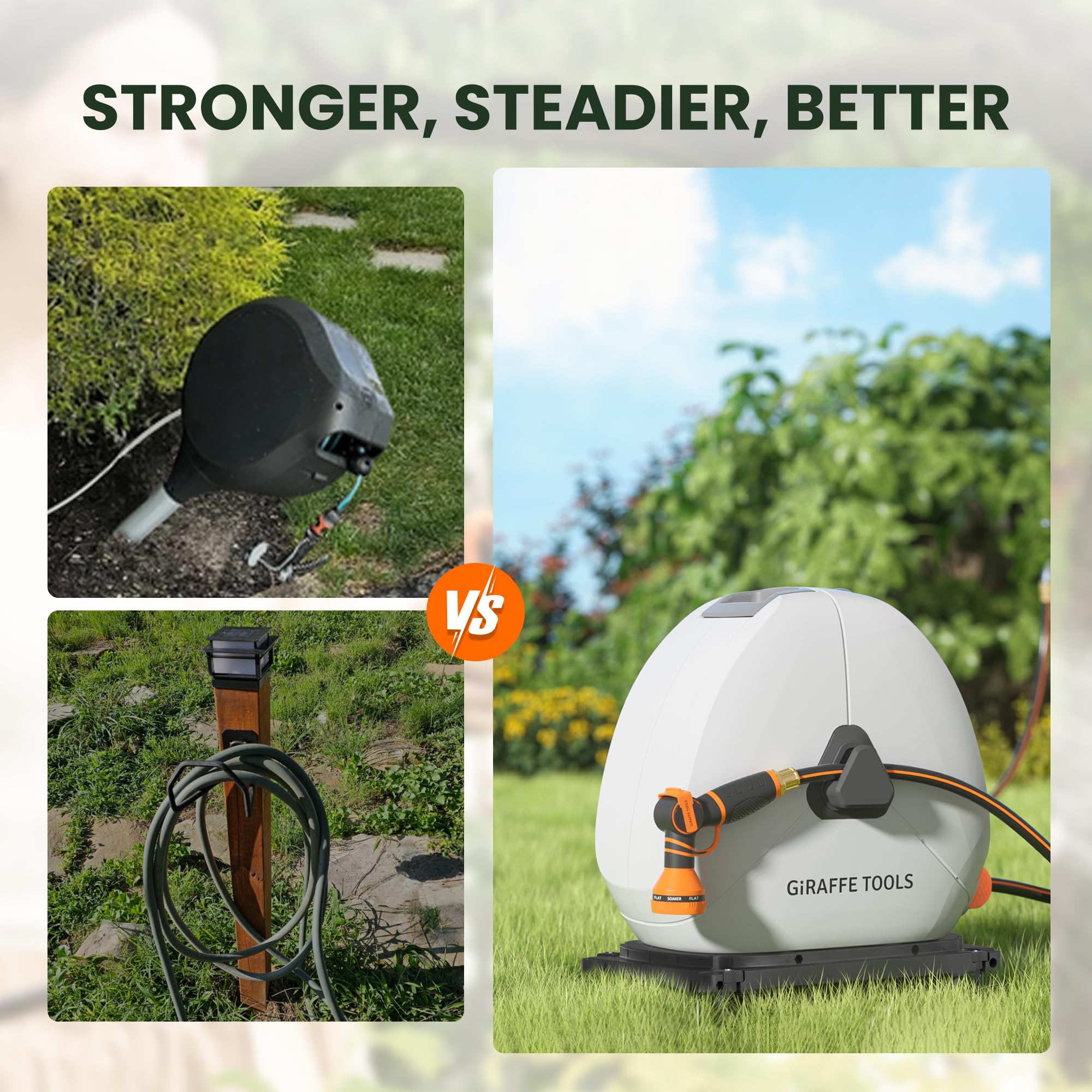 Giraffe Tools compact design complements outdoor décor while keeping hoses organized.