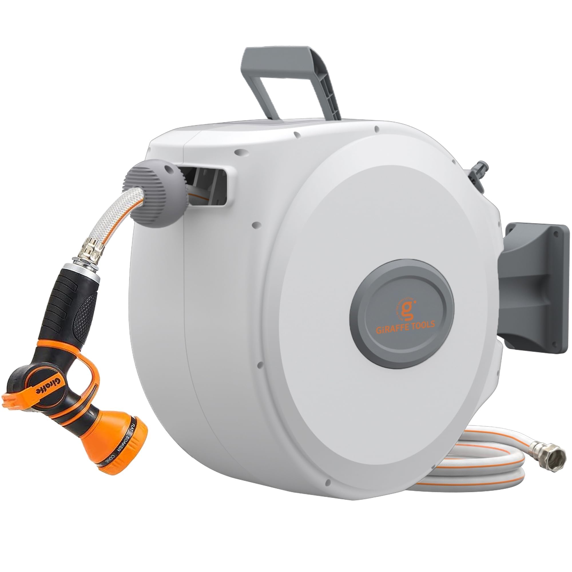 Giraffe Tools CW20 retractable hose reel demonstrates tidy wall-mount setup for easy watering