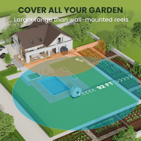 Giraffe Tools discreet reel hidden behind plants for neat garden aesthetics and easy access.