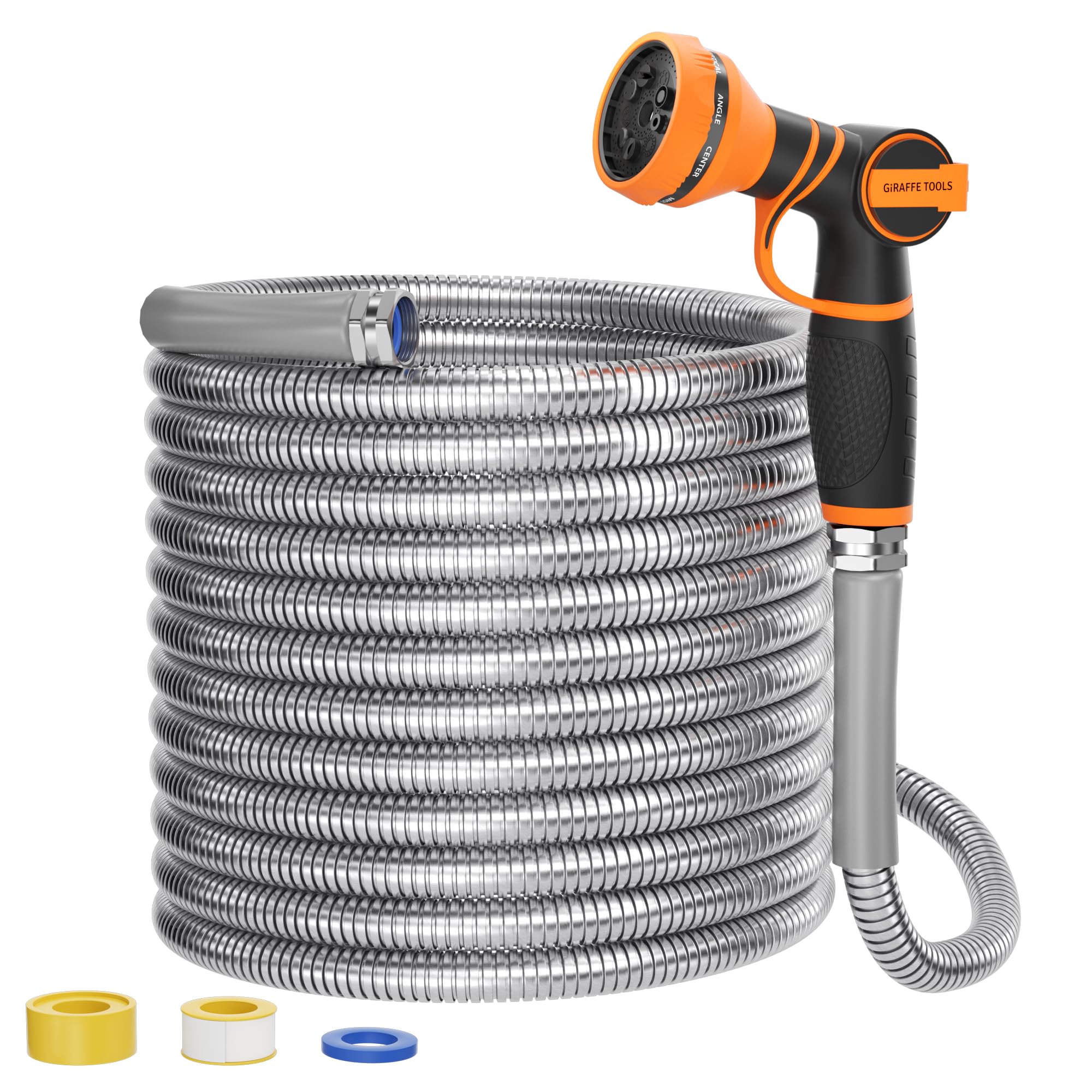 Giraffe Tools garden hose 100ft with stainless steel surface for rugged outdoor watering.
