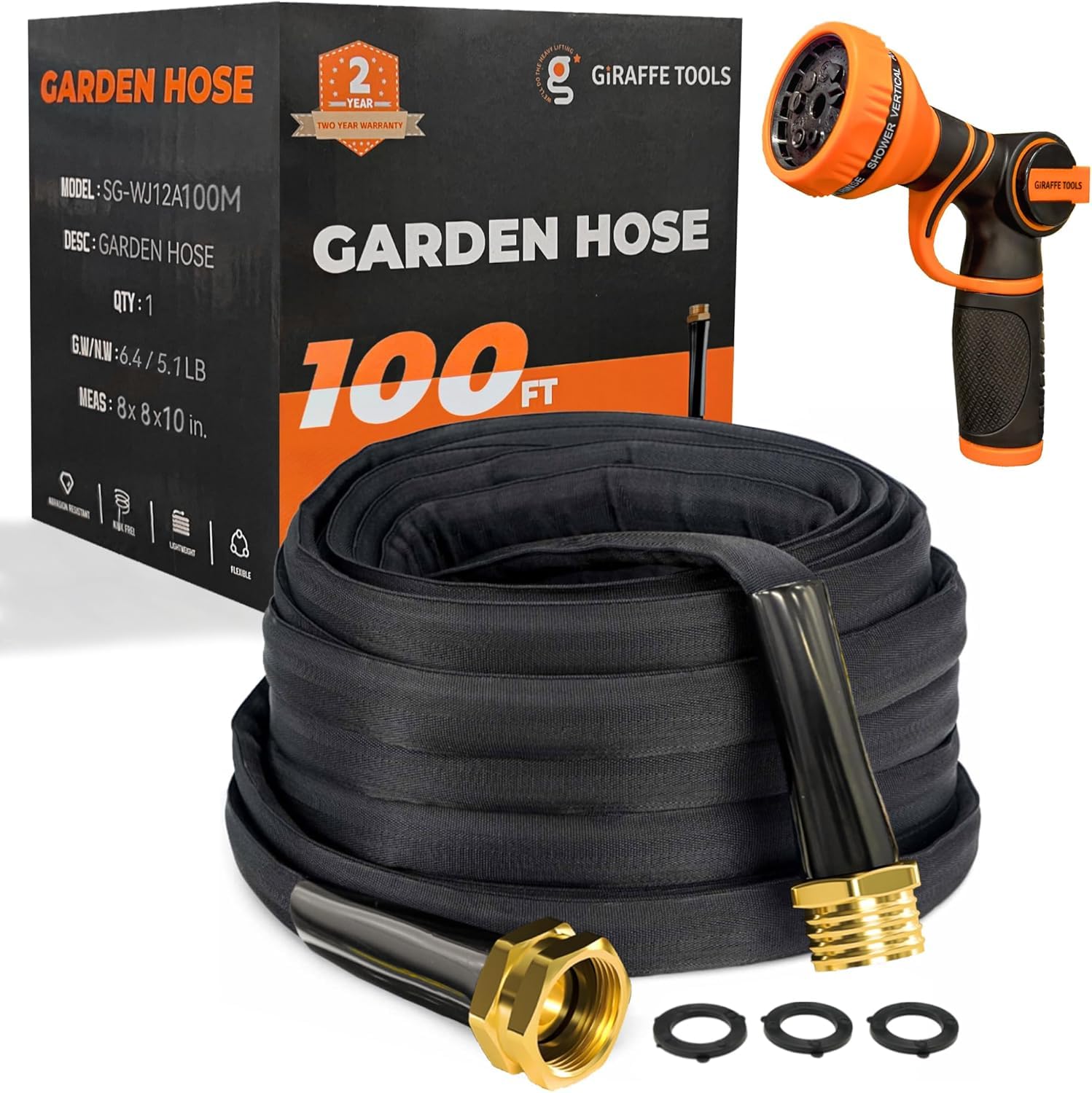 Giraffe Tools garden hose 100ft lay-flat design for easy storage and flexible watering.
