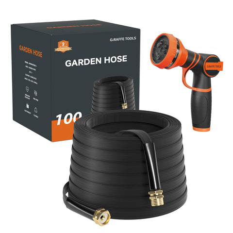 Giraffe Tools garden hose 100ft extended for effortless yard watering.