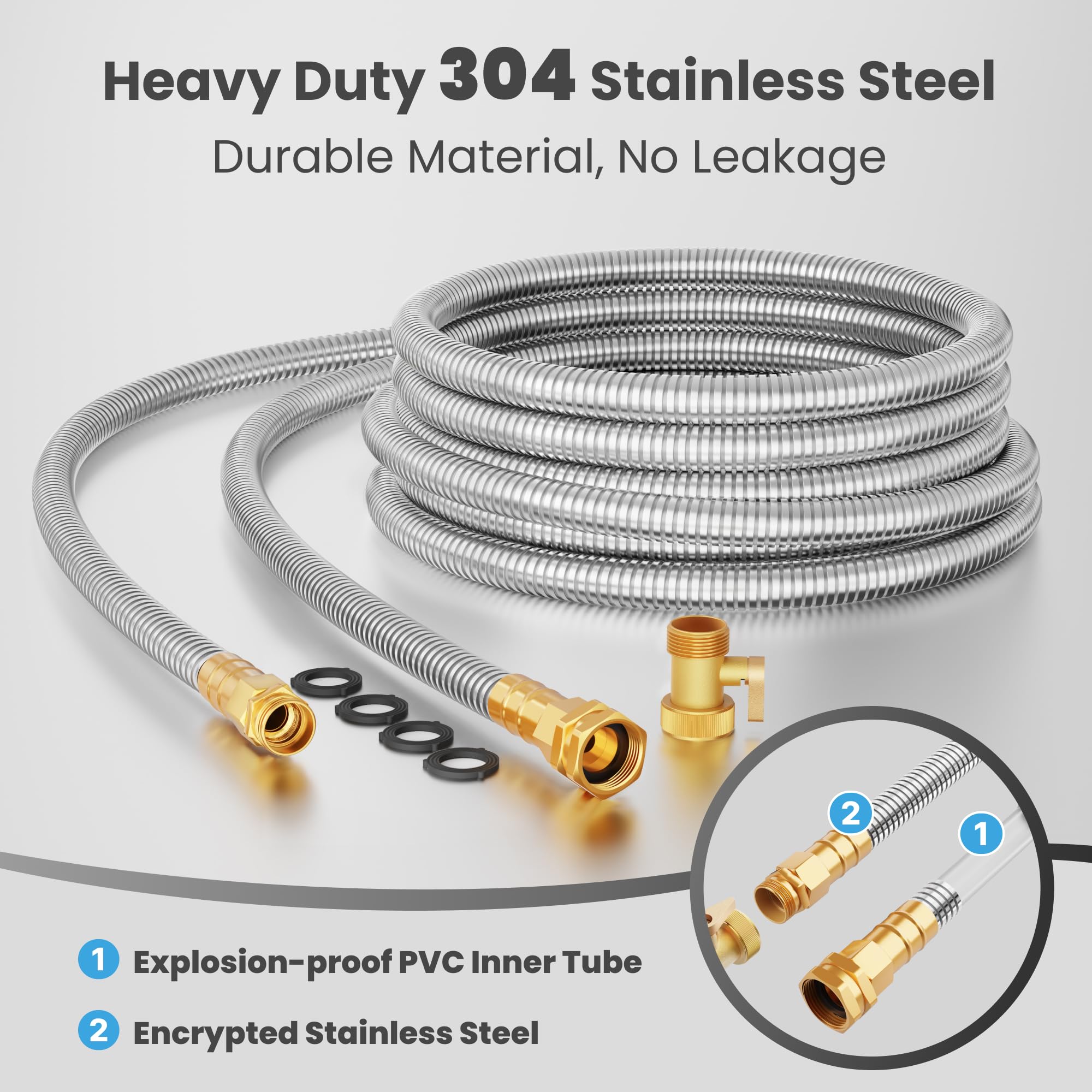 Giraffe Tools 304 stainless steel hose close-up shows corrosion resistance.
