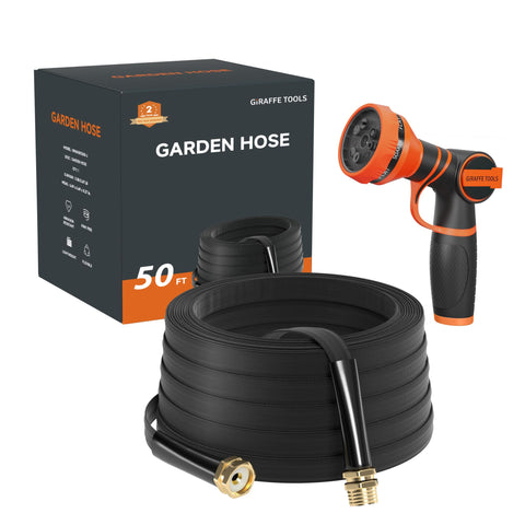 Giraffe Tools 50ft lay-flat garden hose in use for easy watering