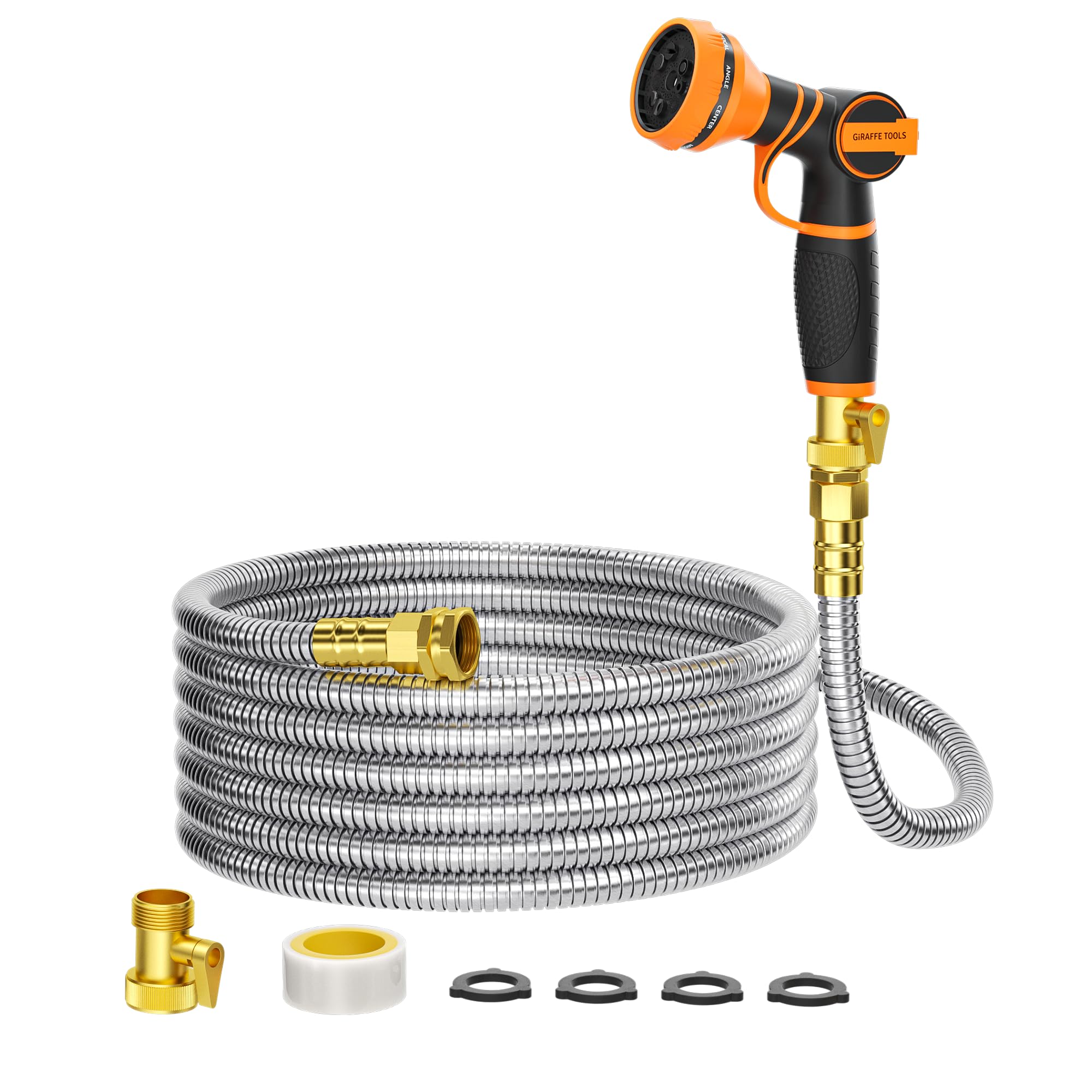 Giraffe Tools 50ft stainless steel garden hose with rugged shell for puncture resistance and rust protection.