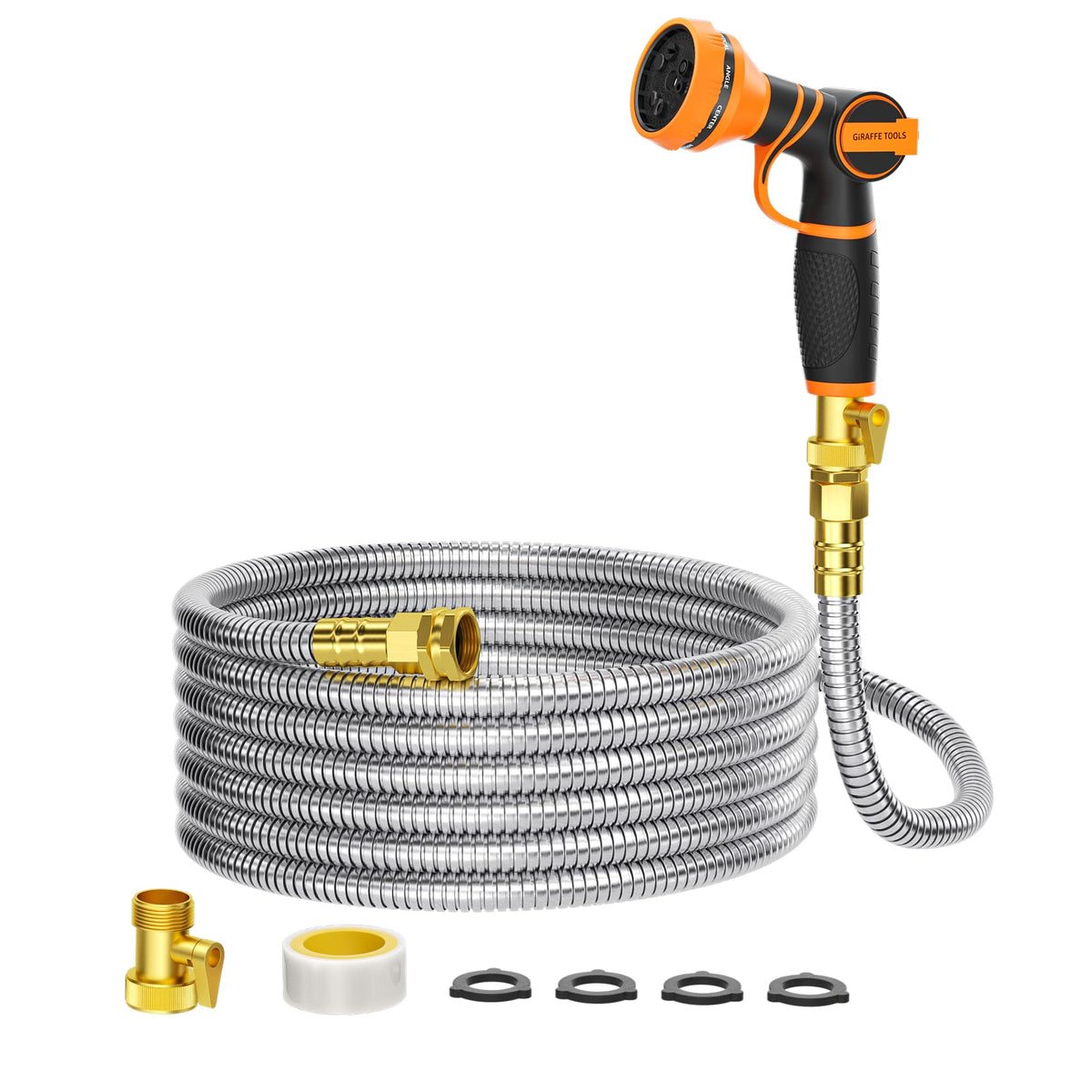 Giraffe Tools 50ft stainless steel garden hose with rugged shell for puncture resistance and rust protection.