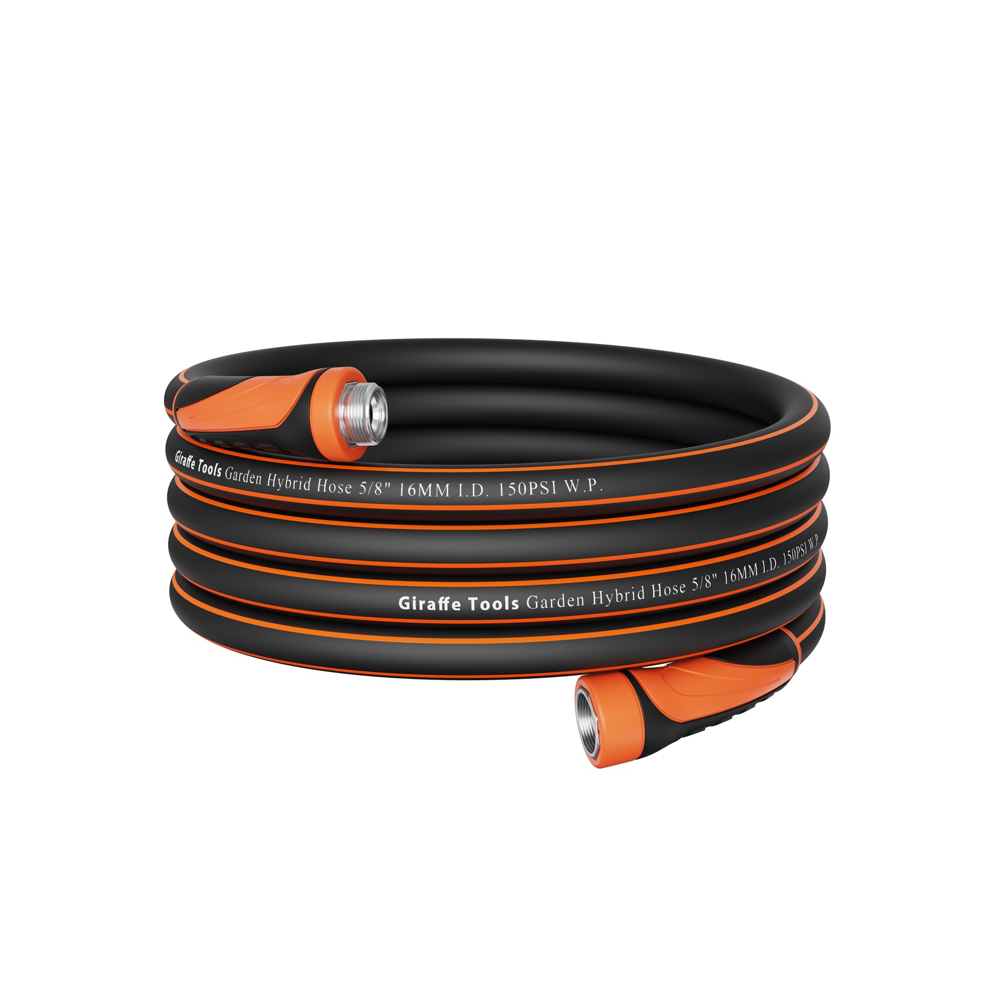 Giraffe Tools garden hose 25ft coil highlights lightweight hybrid design for easy storage.