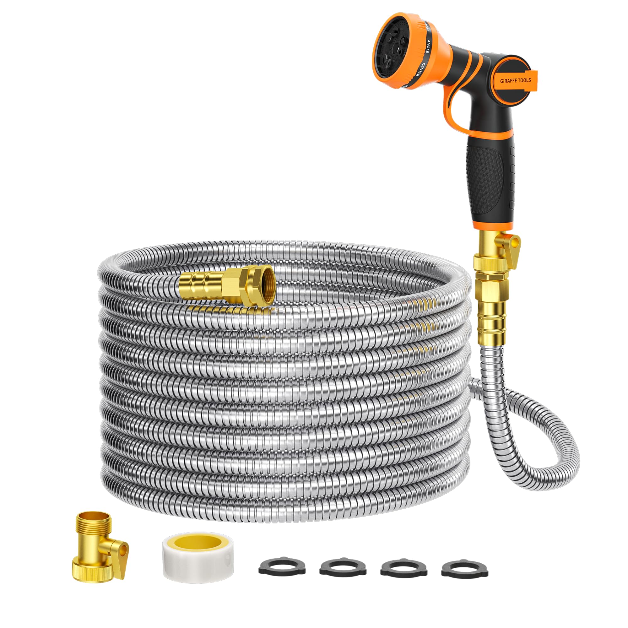 Giraffe Tools garden hose with stainless steel construction for durable outdoor watering.