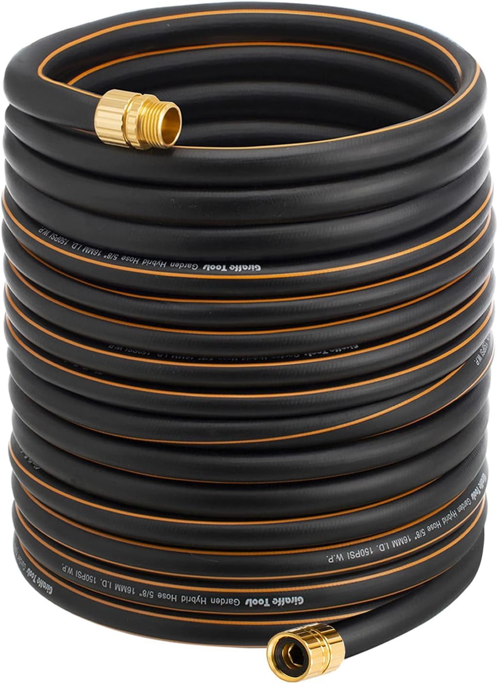 Giraffe Tools garden hose coiled for easy storage.