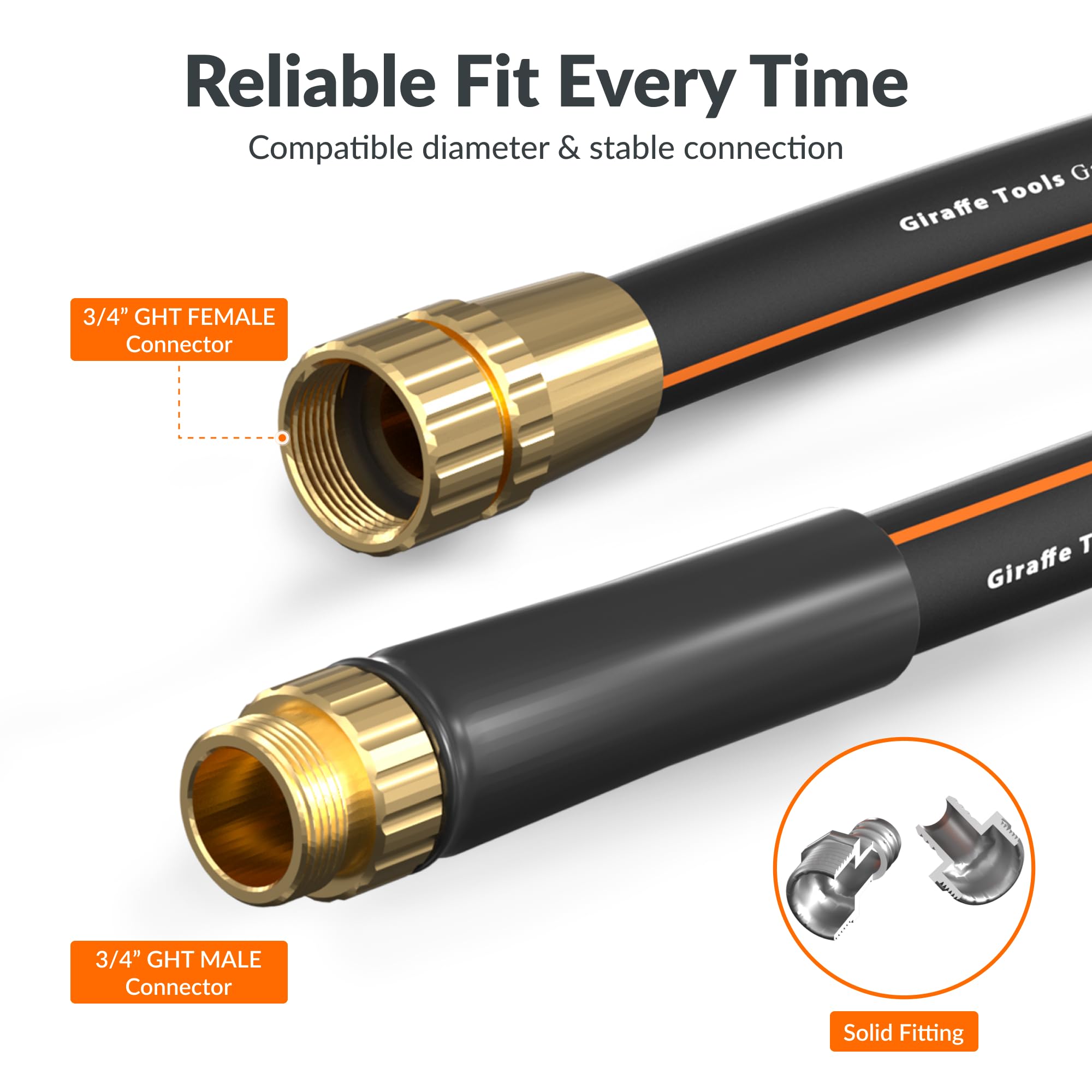 Giraffe Tools garden hose kink-resistant and flexible for smooth reel connections.