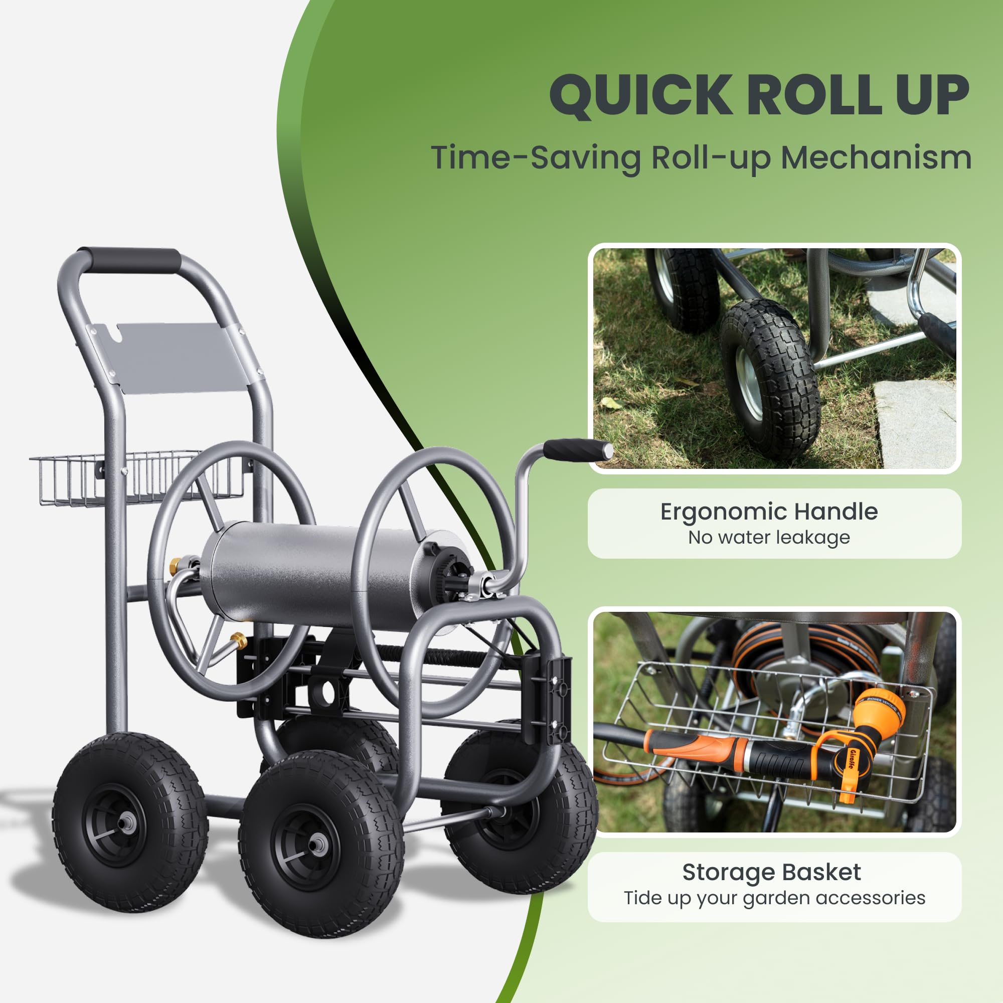 Giraffe Tools ergonomic, non-slip handle on hose reel cart for comfortable winding