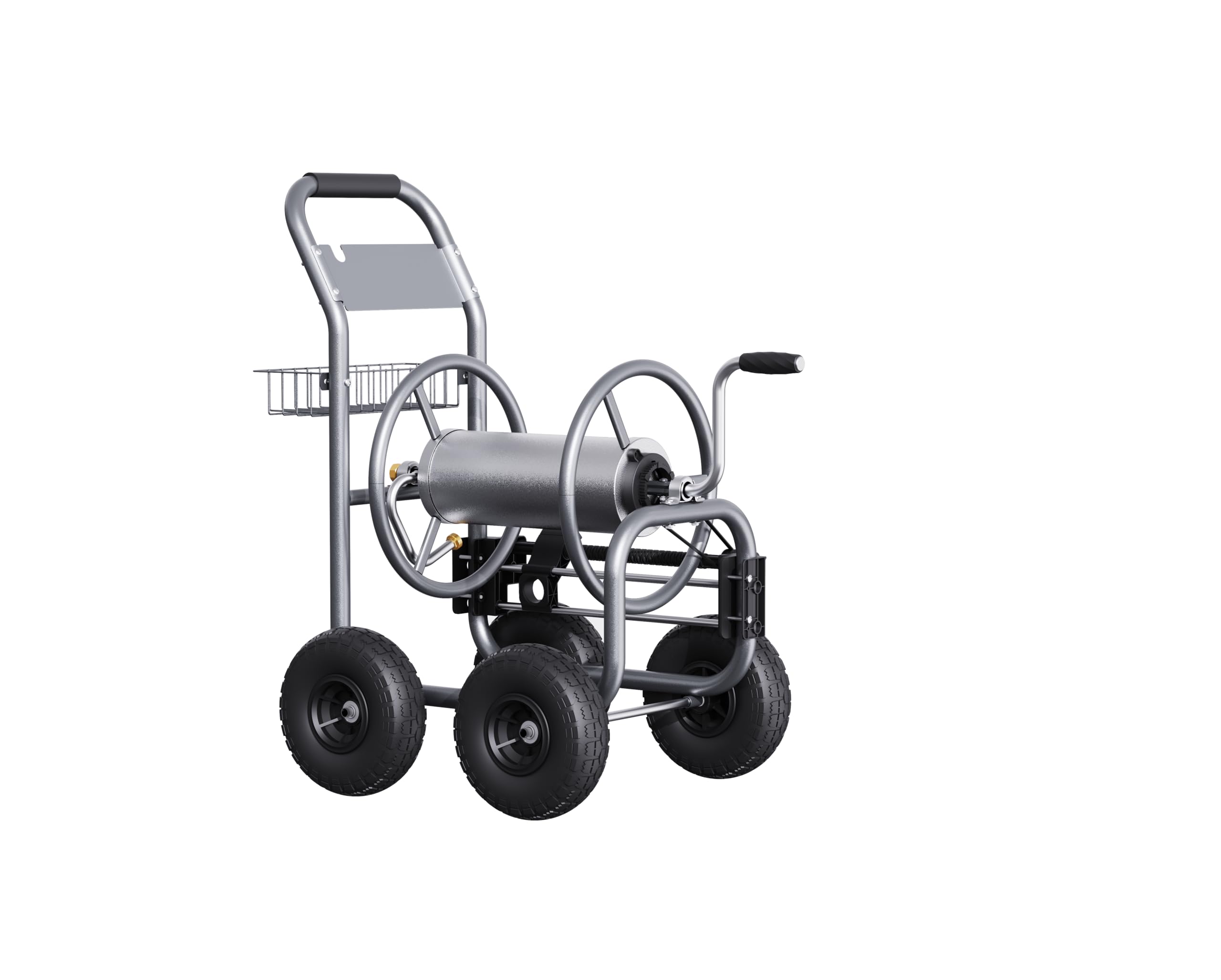 Giraffe Tools garden hose reel cart front view with neat hose winding guidance.
