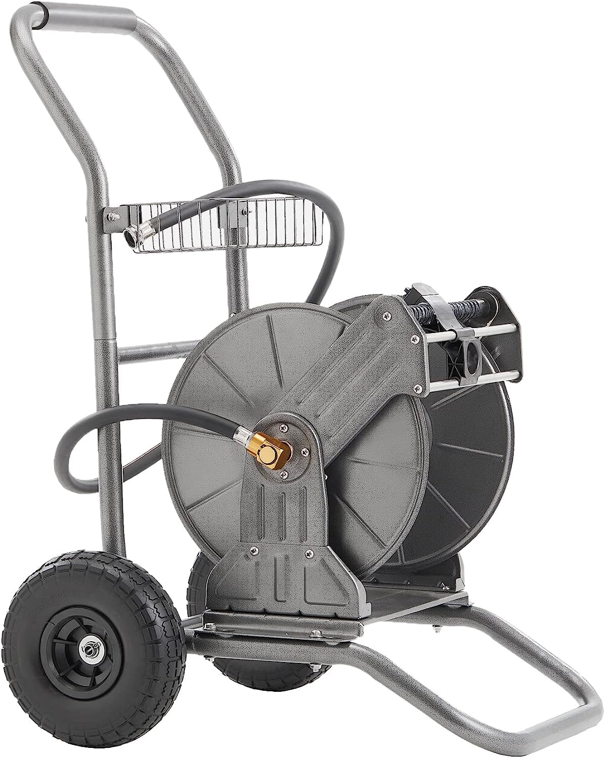 Giraffe Tools garden hose reel cart front view with sturdy metal frame.