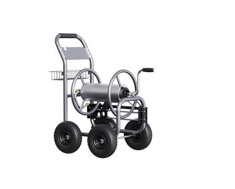 Giraffe Tools garden hose reel cart front view with neat hose winding guidance.