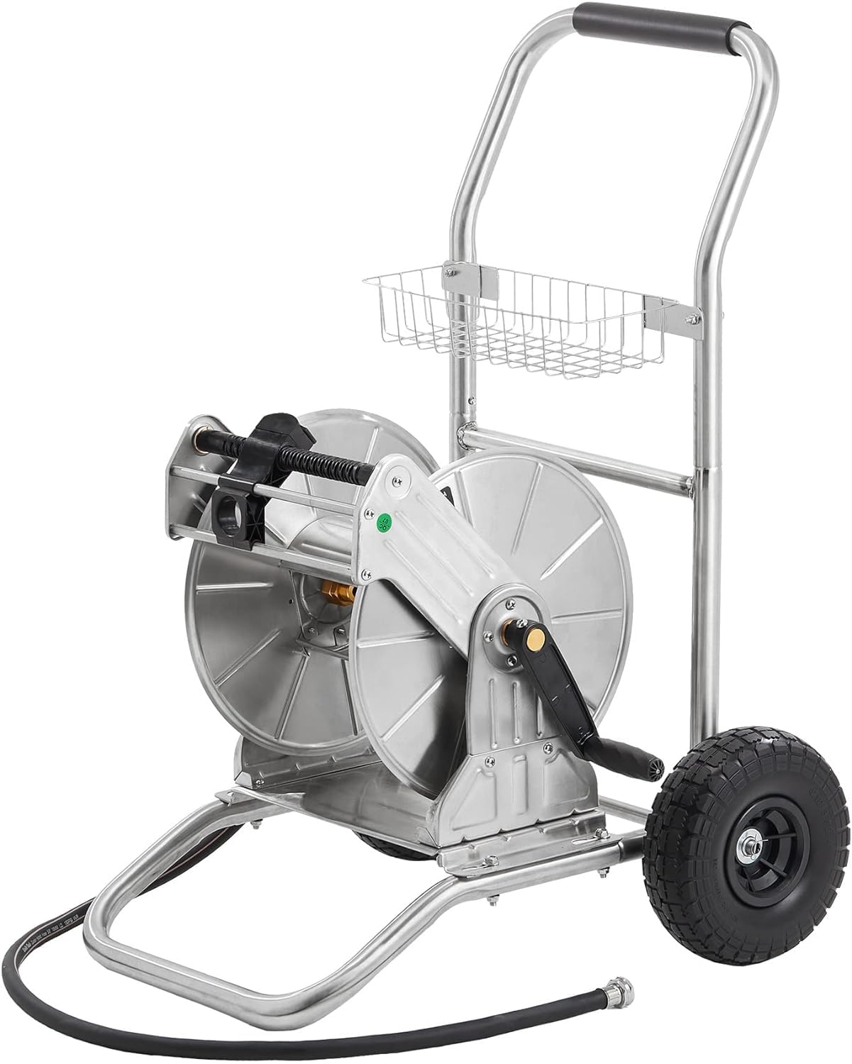 Giraffe Tools garden hose reel cart in stainless steel for heavy-duty outdoor use
