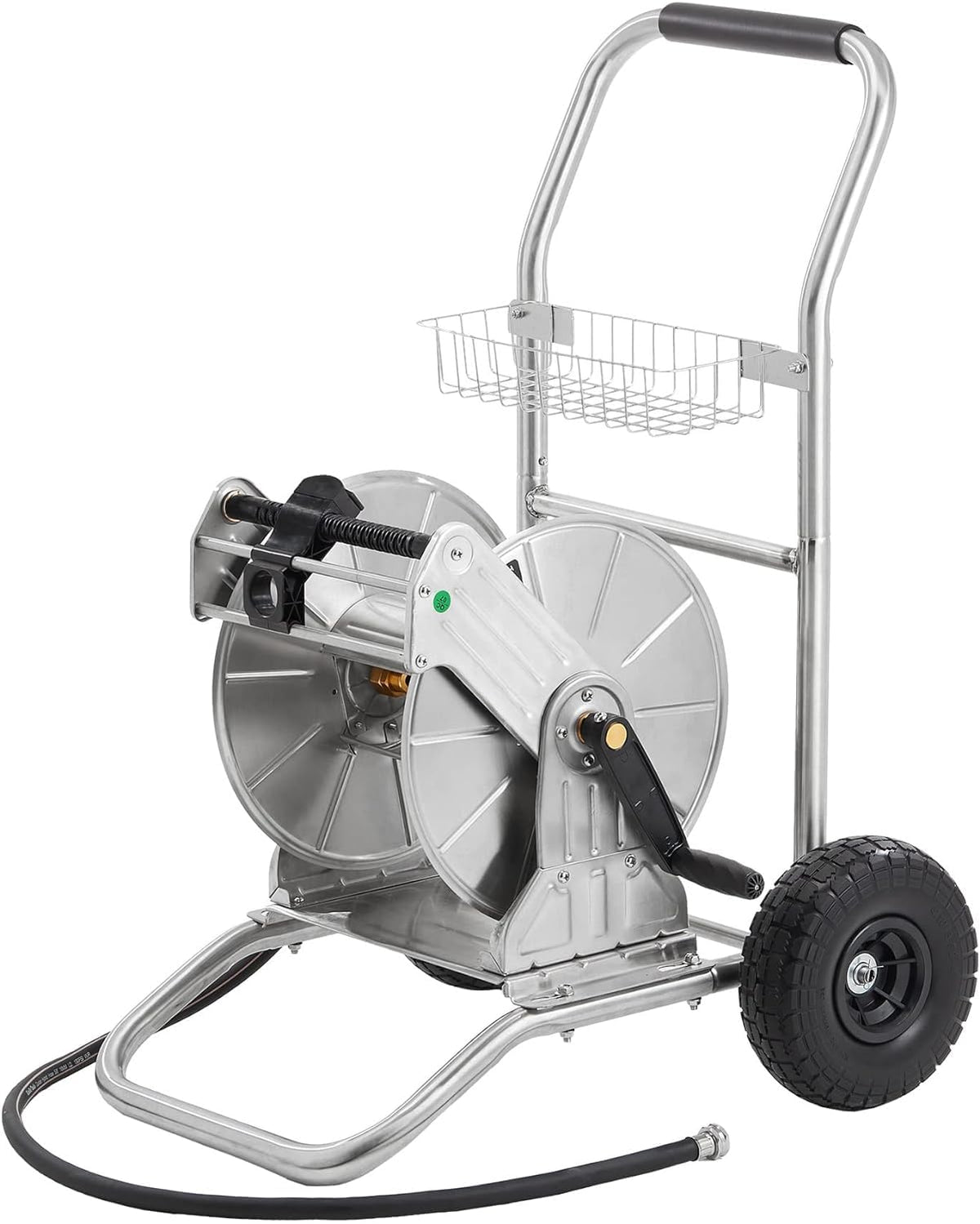 Giraffe Tools garden hose reel cart in stainless steel for heavy-duty outdoor use