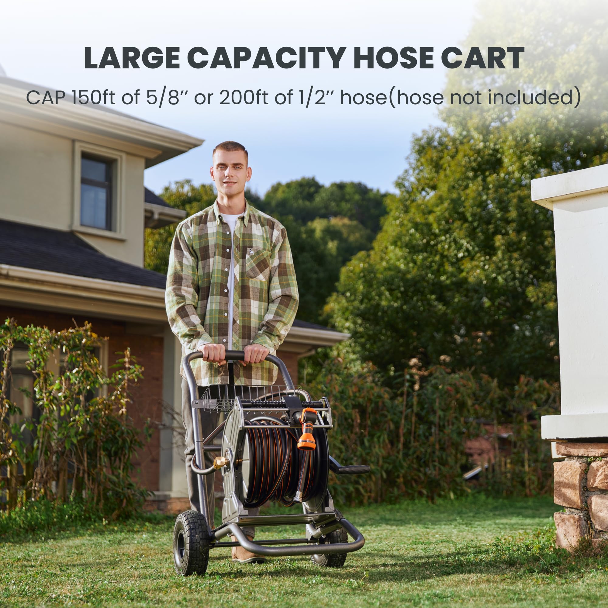 Giraffe Tools garden hose reel cart includes a 5 ft lead-in hose for quick setup.