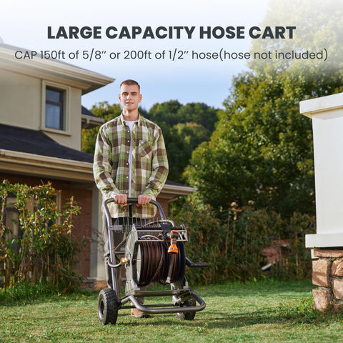 Giraffe Tools garden hose reel cart includes a 5 ft lead-in hose for quick setup.