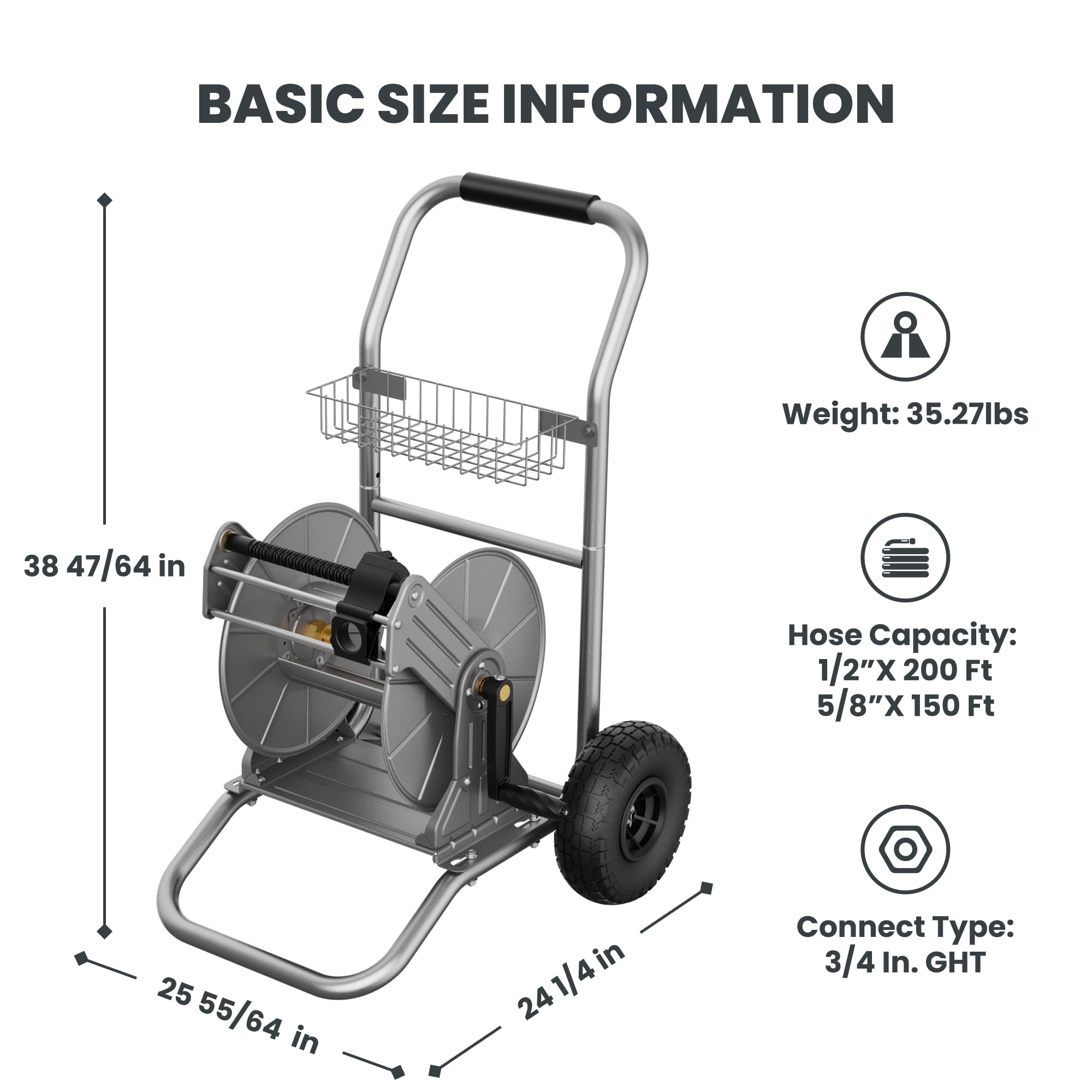Giraffe Tools garden hose reel cart all-metal frame for outdoor use.