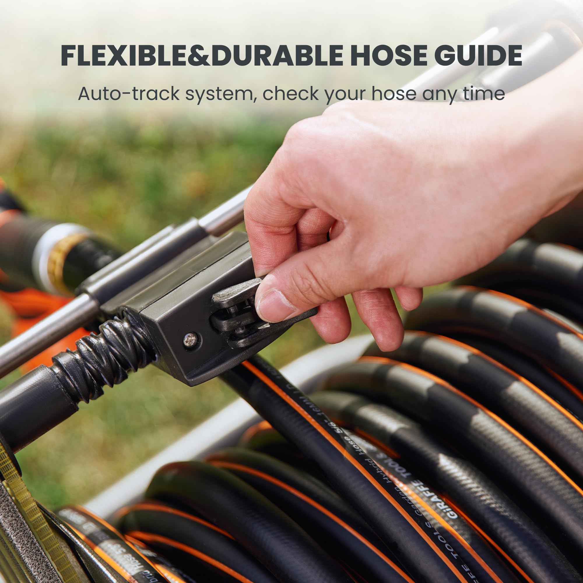 Giraffe Tools garden hose reel cart demonstrates easy winding with rolled hose.