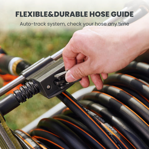 Giraffe Tools garden hose reel cart demonstrates easy winding with rolled hose.