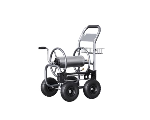 Giraffe Tools garden hose reel cart side view showing ample capacity for long runs.