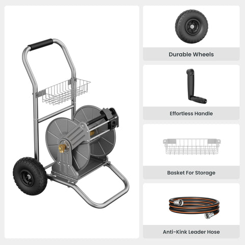Giraffe Tools garden hose reel cart side view showing stability and wheels.