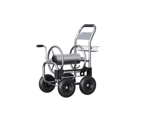 Giraffe Tools garden hose reel cart side view showing ample capacity for long runs.