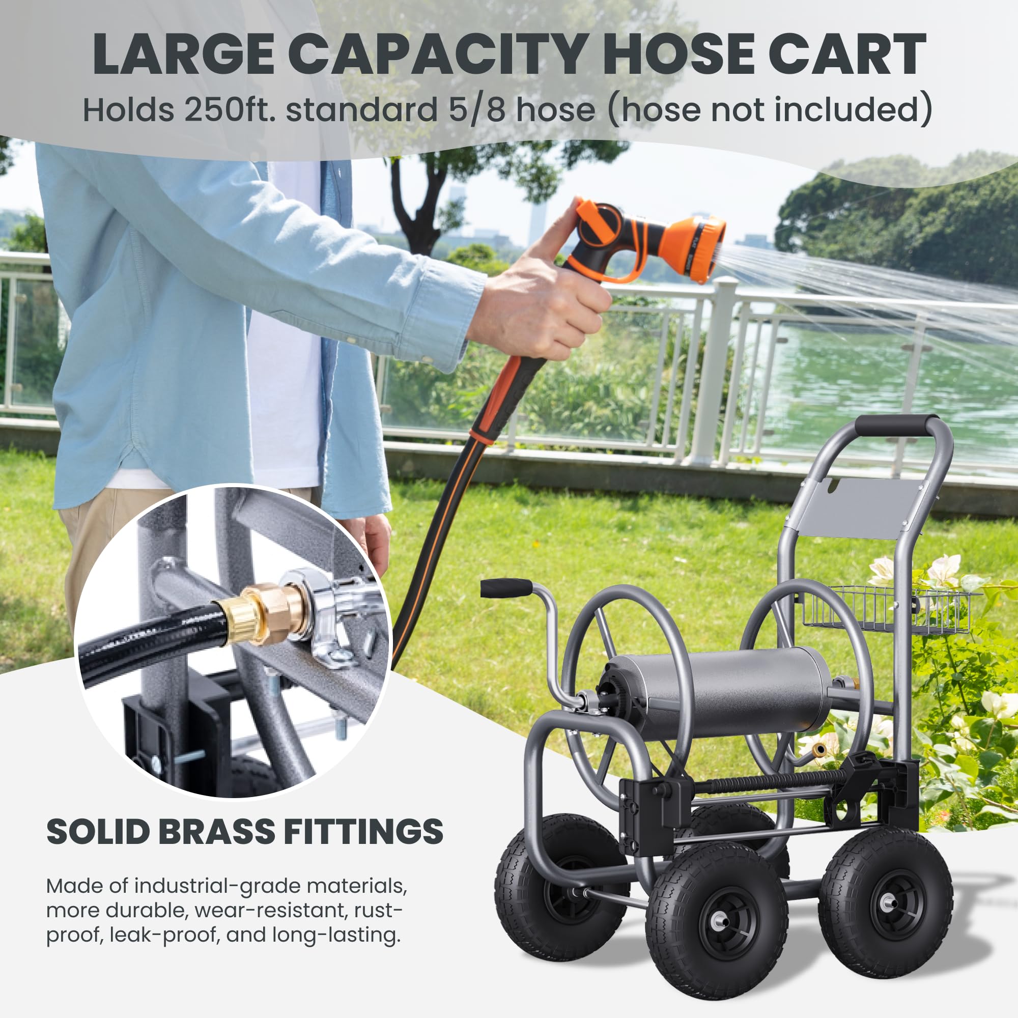 Giraffe Tools storage basket on hose reel cart for tools and nozzles