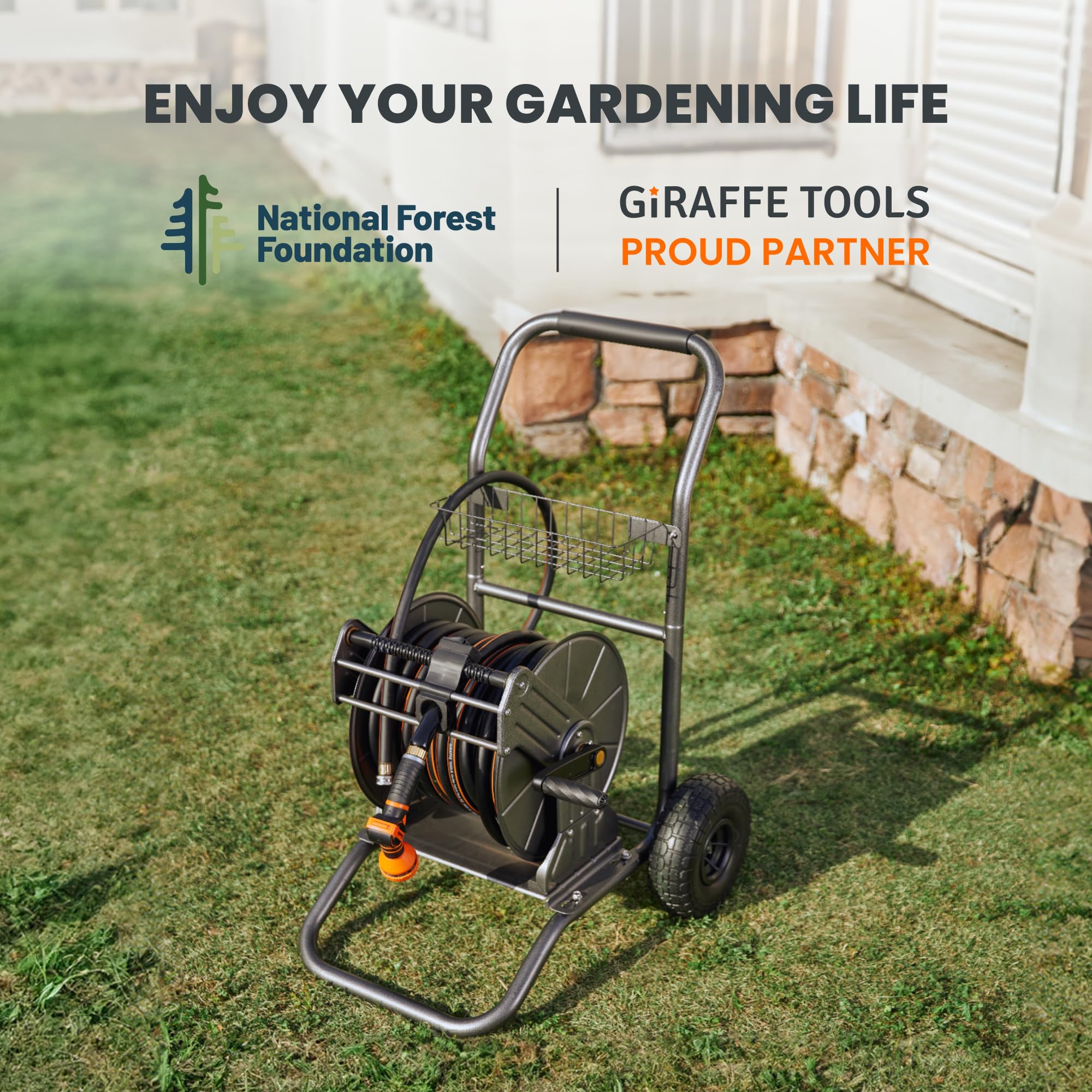 Giraffe Tools garden hose reel cart rugged wheels for steady mobility.