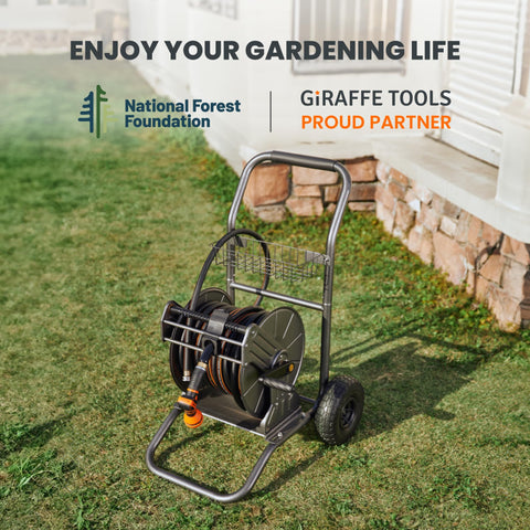 Giraffe Tools garden hose reel cart rugged wheels for steady mobility.