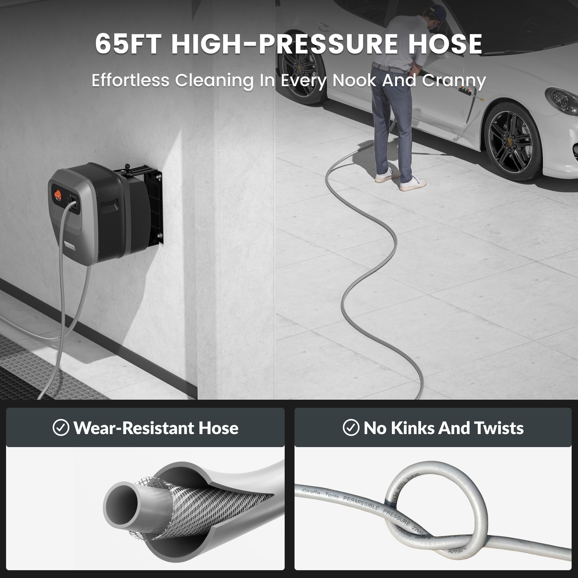 Giraffe Tools Grandfalls 2500 PSI motor delivers strong cleaning power.