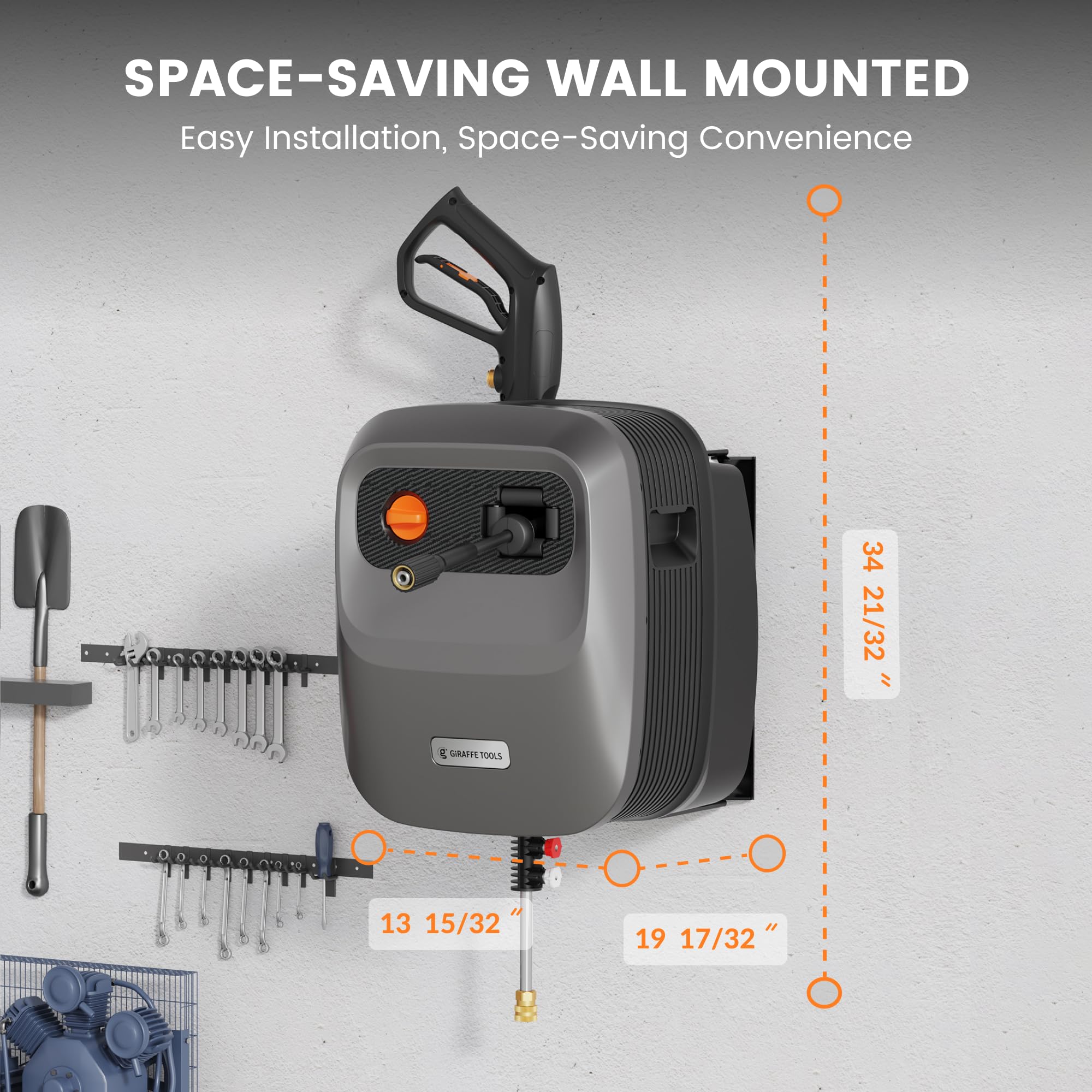 Grandfalls 65ft retractable hose reel extends reach for courtyards and driveways.