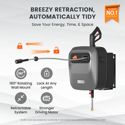 Giraffe Tools Grandfalls auto-retract hose reduces tangles during cleaning.