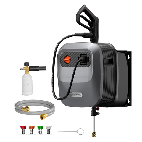 Giraffe Tools Grandfalls wall-mount bracket stabilizes outdoor cleaning.