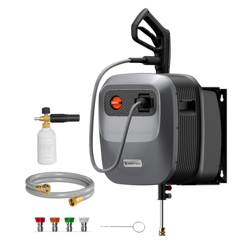 Giraffe Tools Grandfalls wall-mounted power washer demonstrates organized storage.