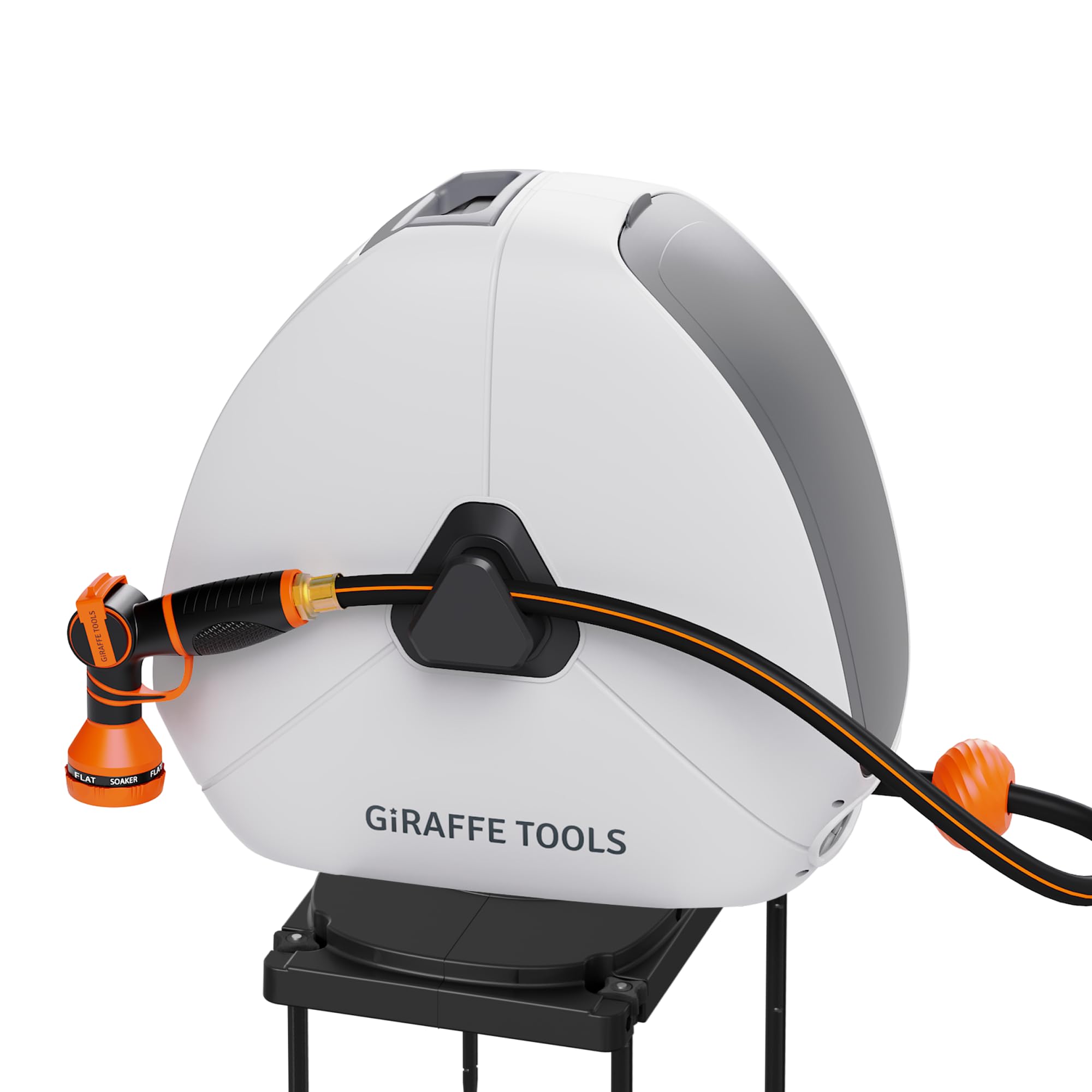 Giraffe Tools ground-mounted retractable hose reel with 92ft hose for tidy lawn watering.