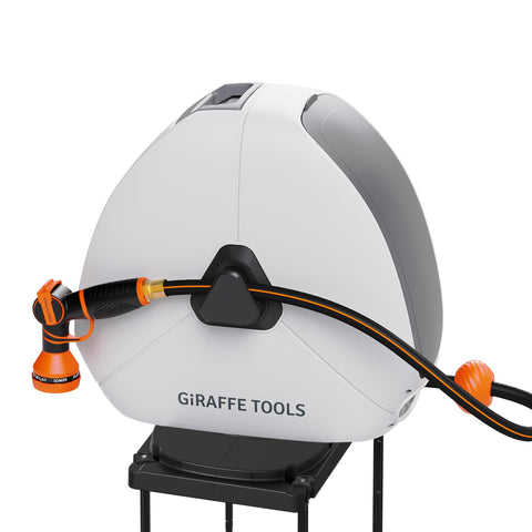 Giraffe Tools ground-mounted retractable hose reel with 92ft hose for tidy lawn watering.