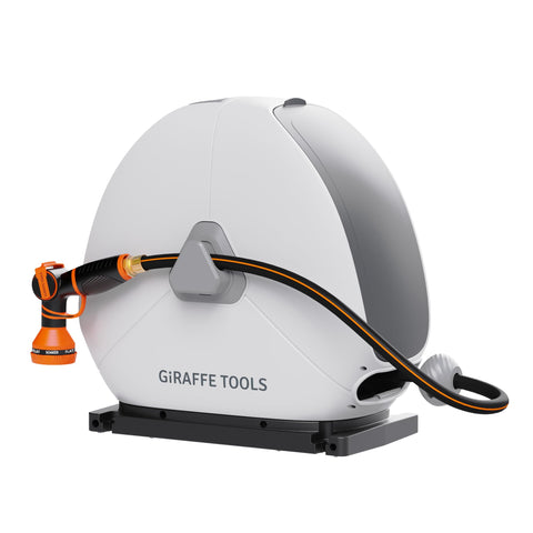 Giraffe Tools ground-mounted hose reel installed on lawn for easy watering.