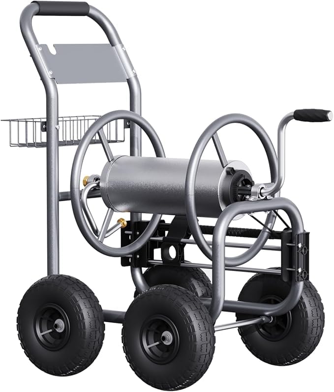 Giraffe Tools heavy-duty hose reel cart front view with 250 ft capacity for wide reach