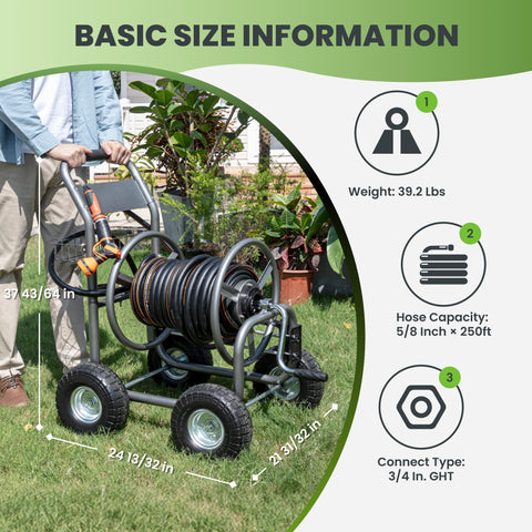 Giraffe Tools hose reel cart side view showing four wheels for easy maneuverability