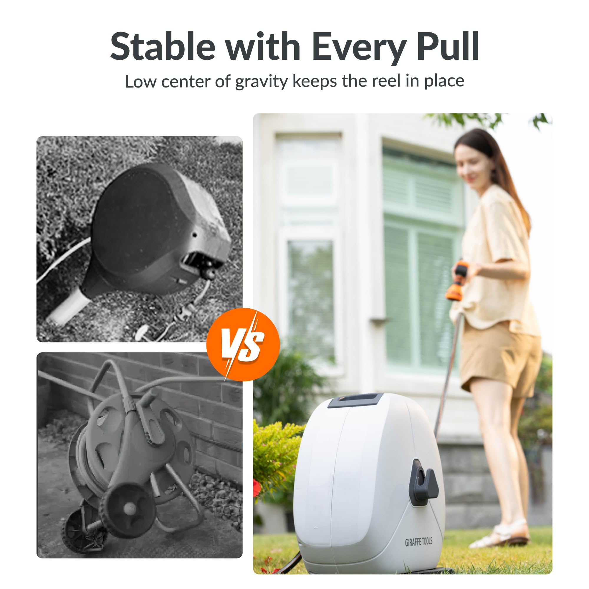 Giraffe Tools heavy duty reel with compact design for tight patios and small gardens