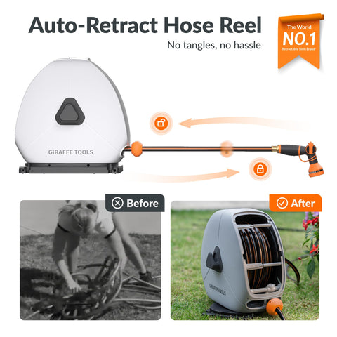 Giraffe Tools heavy duty retractable hose reel front view with smooth auto rewind