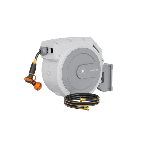 Giraffe Tools heavy duty retractable hose reel on wall mount for easy watering.