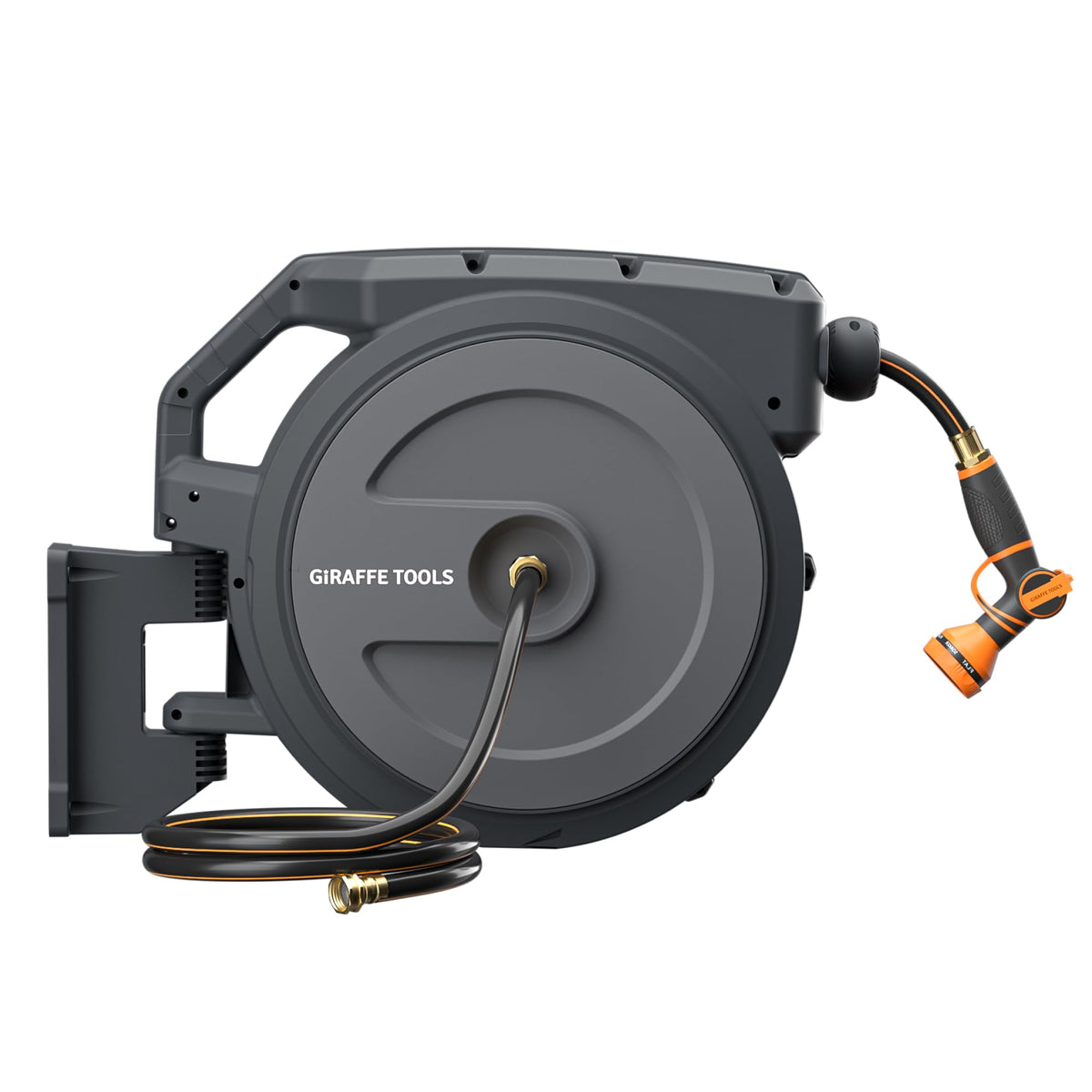 Giraffe Tools heavy-duty wall-mount hose reel with 90 ft hose for durable outdoor use