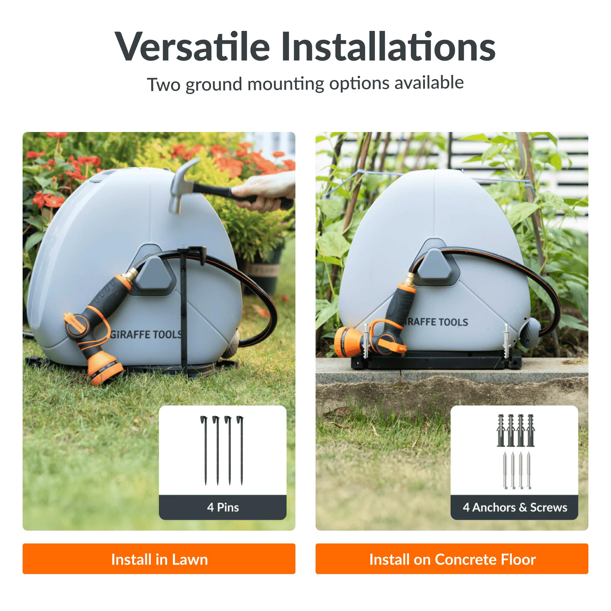 Giraffe Tools discreet storage behind plants with hidden reel.