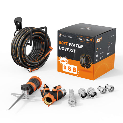 Giraffe Tools 50ft hose coiled with swivel handle for tangle-free watering and easy outdoor cleaning.