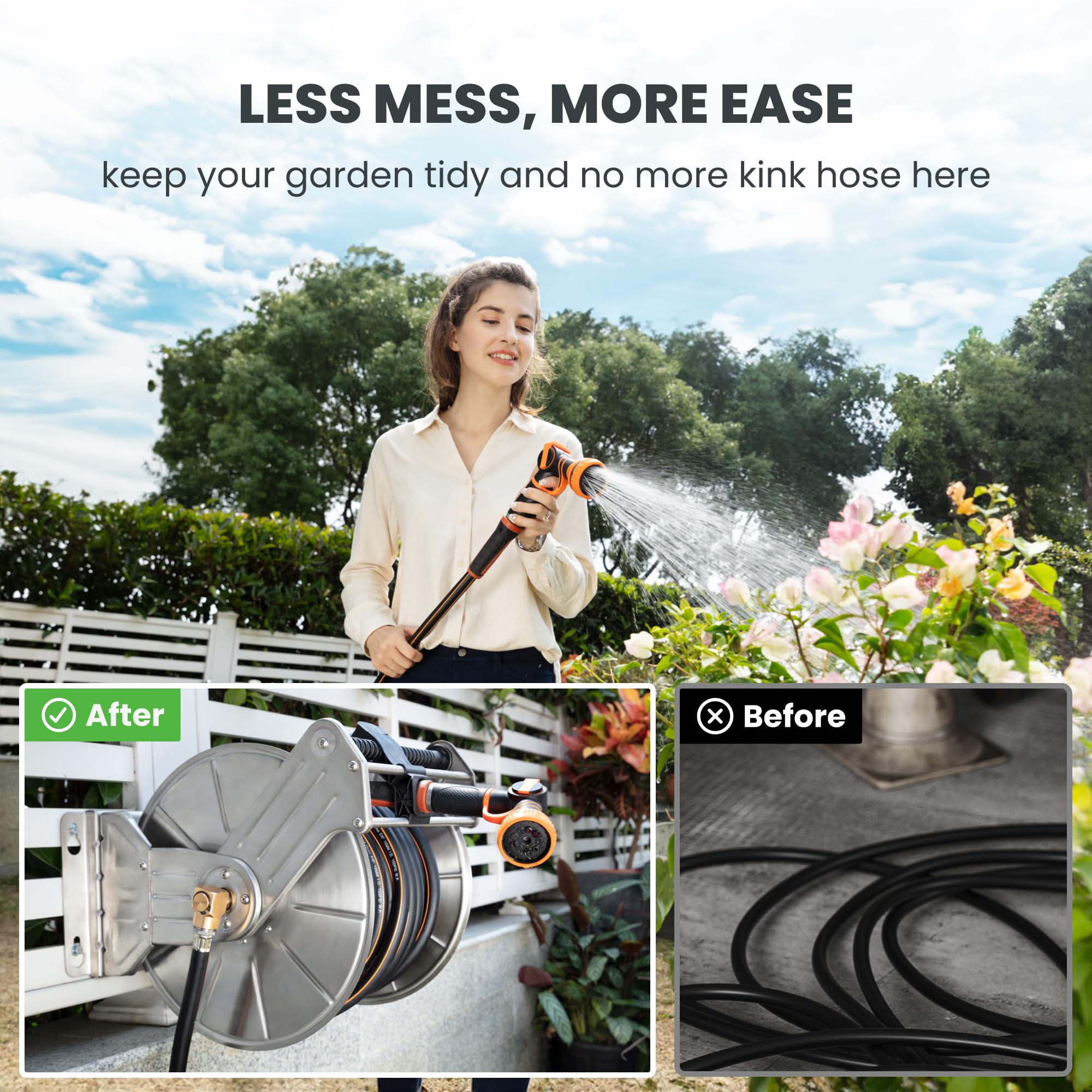 Giraffe Tools 100 ft hybrid hose pre-installed for broad reach.