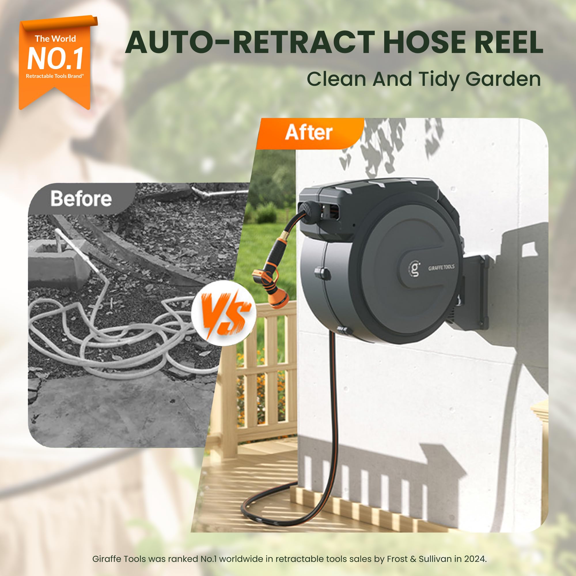 Giraffe Tools hose reel auto-rewind system keeps hose neat