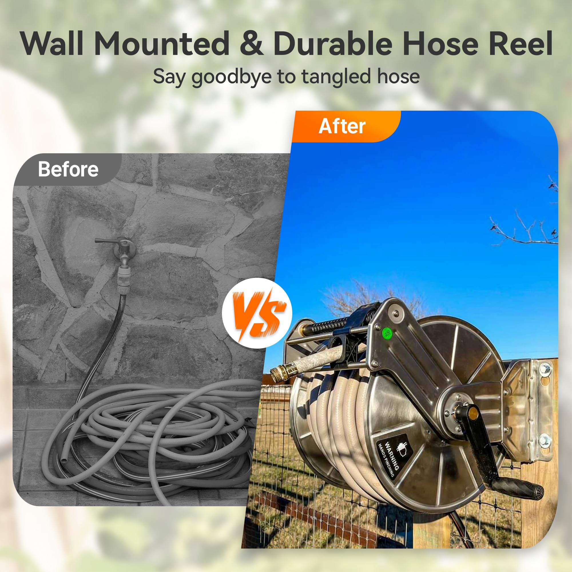Giraffe Tools stainless reel stores up to 150 ft of 5/8 inch hose